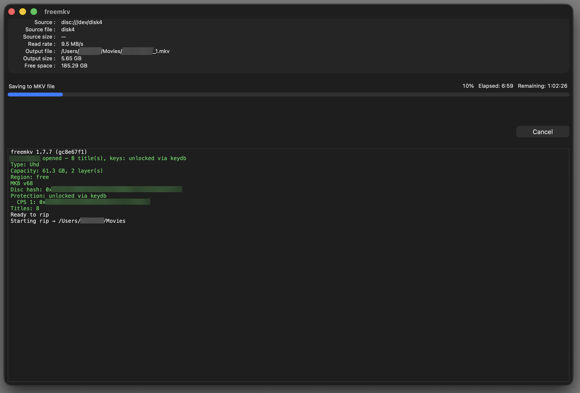 The freemkv desktop app on macOS ripping a UHD Blu-ray to MKV — source, output file, read rate and free space above a progress bar at 10% with elapsed and remaining time, and a Cancel button