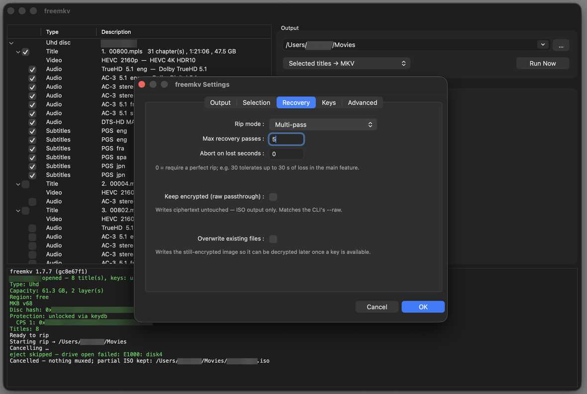 The freemkv Settings window on macOS, Recovery tab — multi-pass rip mode, maximum recovery passes, abort on lost seconds, keep encrypted (raw passthrough) and overwrite existing files