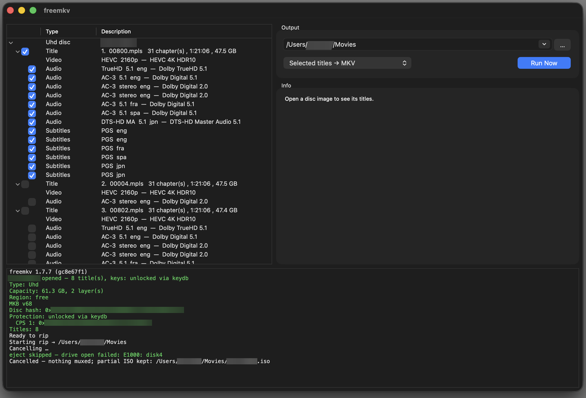 The freemkv desktop app on macOS with a UHD Blu-ray open — the first title expanded into its HEVC 4K HDR10 video, TrueHD, AC-3 and DTS-HD audio and PGS subtitle tracks with checkboxes, and the Output panel with the destination folder, Selected titles → MKV and Run Now